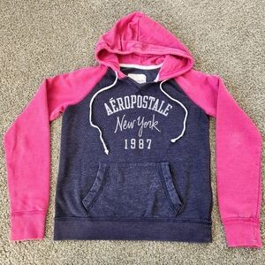 LIKE NEW Aeropostale Dark Denim Blue and Pink Hoodie Sweatshirt Size M Juniors